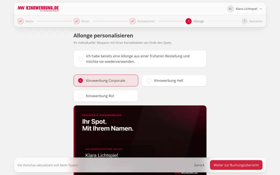 Allonge-Editor mit Live-Vorschau des personalisierten Abspanns